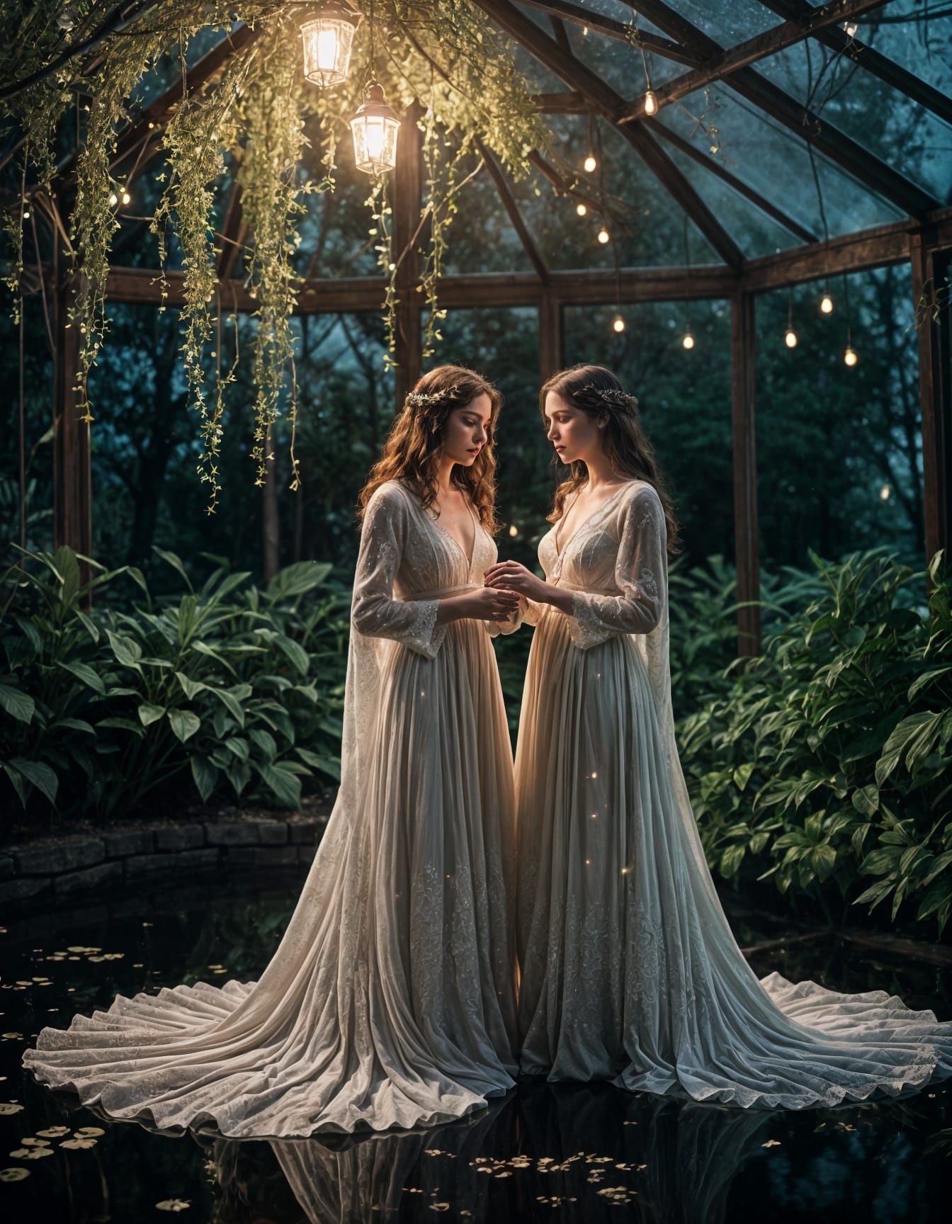 Romantic Enchanted Greenhouse Scene with Teen Girls in Haute...