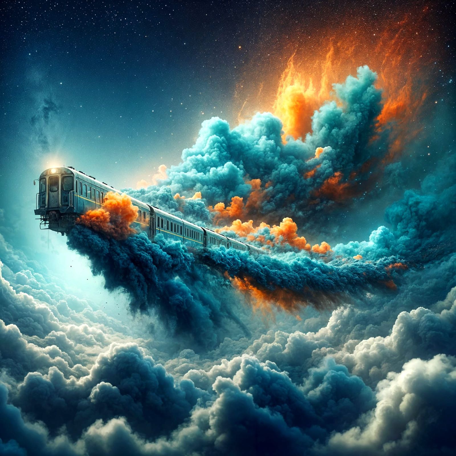 Fantastical Train Soaring Through Clouds with Teal and Orang...