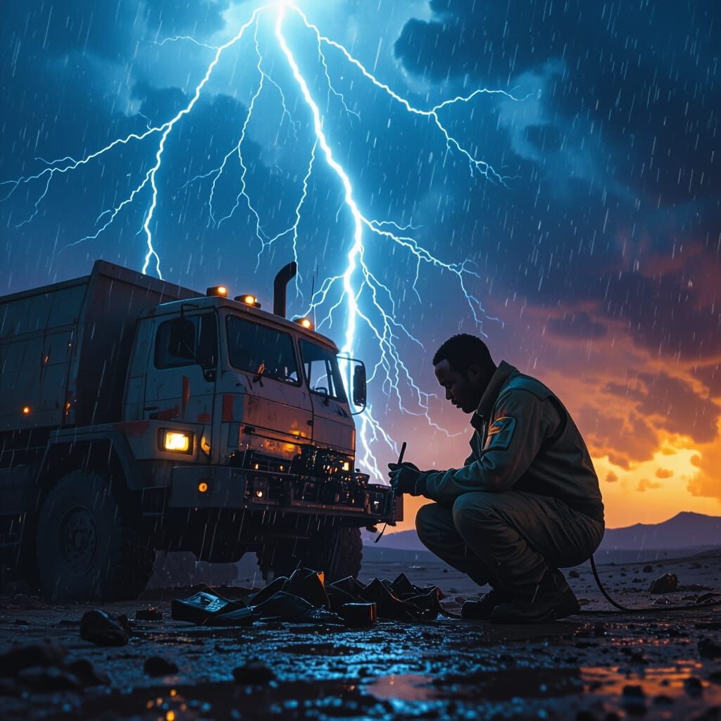 African Space Trucker Repairs Rig in Cosmic Storm