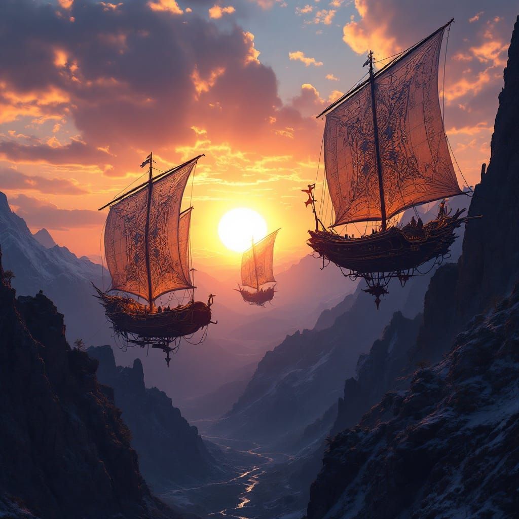 Elven Airships at Sunset: Cinematic CGI Rendering