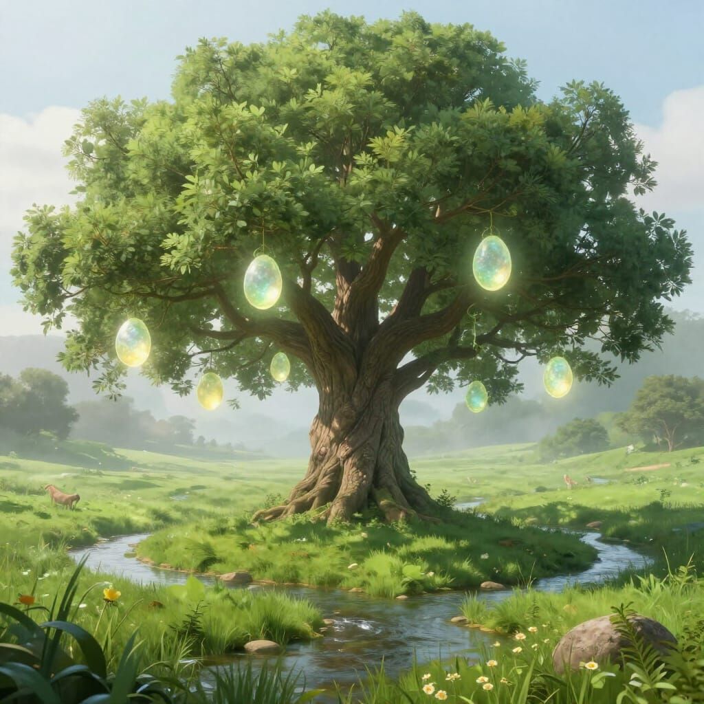 Giant Tree of Life with Dragon Egg Fruit on Green Meadow