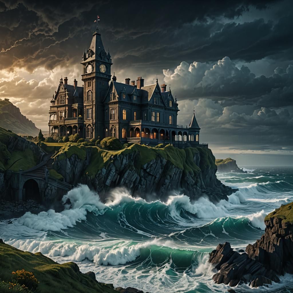 Eerie Victorian Manor on Stormy Cliff - Matte Painting
