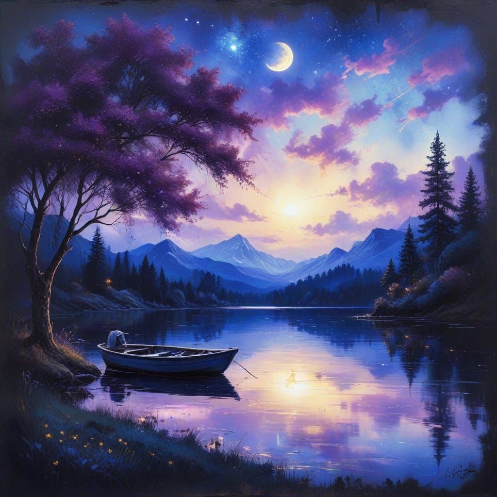 Surreal Moonlit Boat Scene with Tree Reflections in a Grungy...