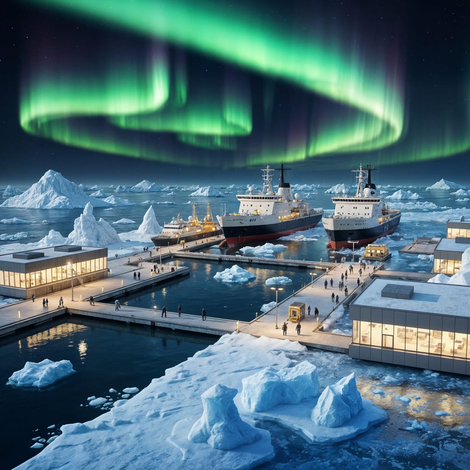Arctic Sci-Fi Station with Icebreakers Under Northern Lights