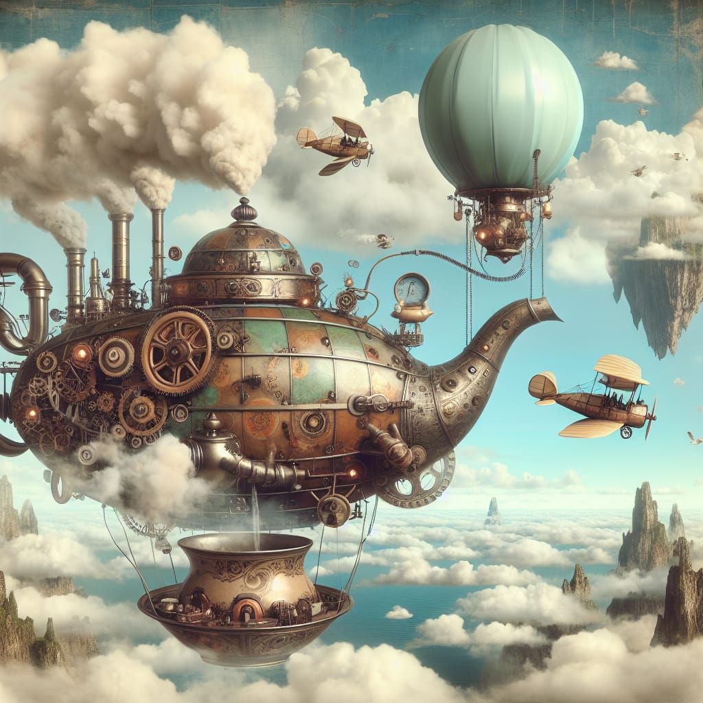 Steampunk Teapot Airship in a Fantasy Sky