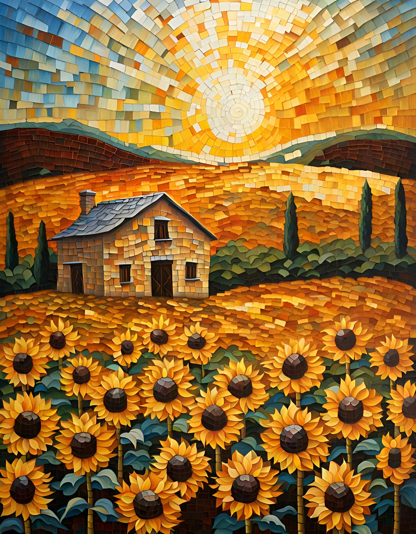 Tuscan Sunflower Field: Mosaic Oil Painting