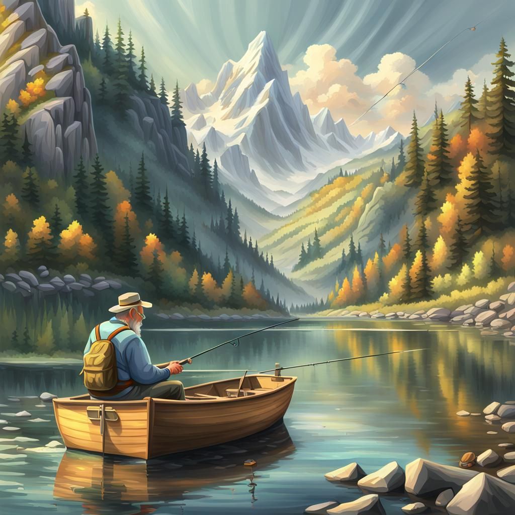 Grandfather and Grandson Fishing in Mountain Lake