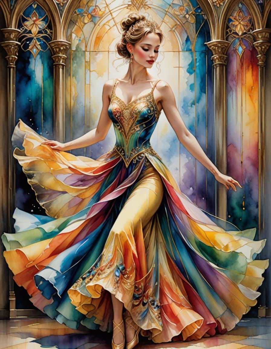 Ethereal Ballet Dancer in a Rainbow Colored Watercolor Dream