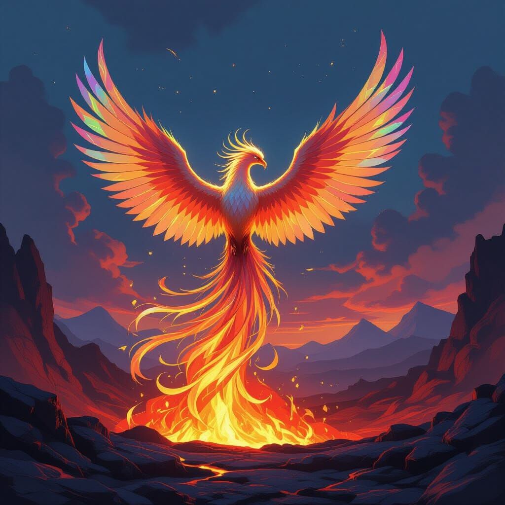 Majestic Glass Phoenix Rises From Lava in Fantasy Art Style