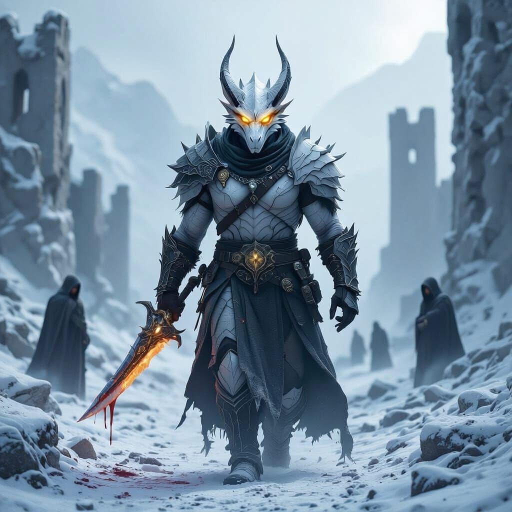 White Dragonborn Warrior in Ruined Gorge