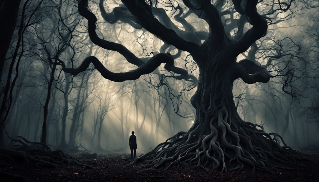 Figure Emerging from Misty Forest in Cinematic Lighting