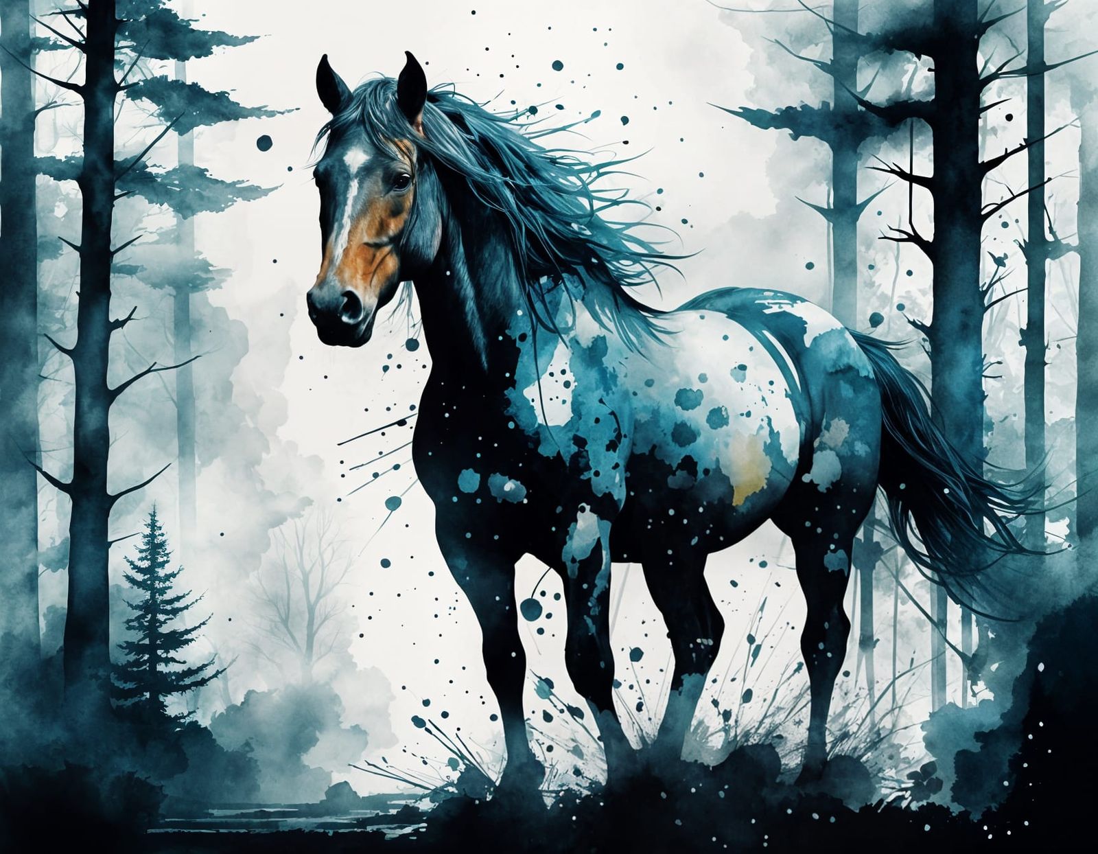 Horse Double Exposure Ink Splatter Art