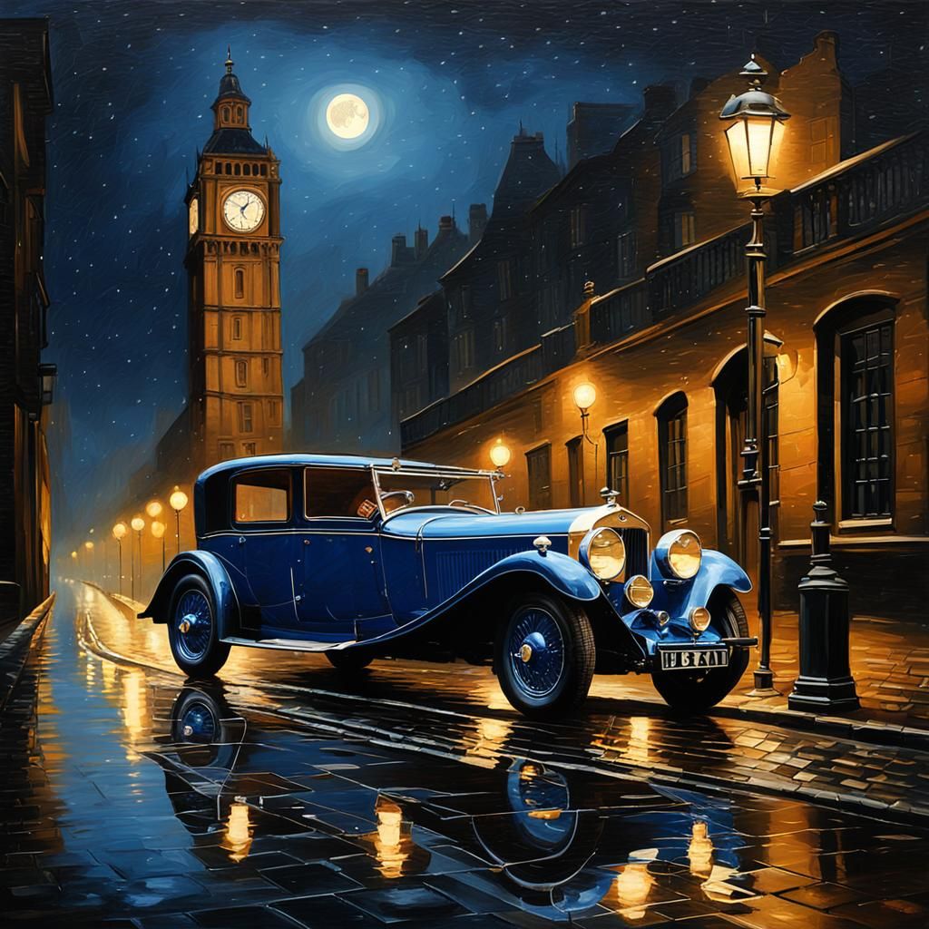 Blue 1932 Bentley in Rainy City, Rembrandt Style
