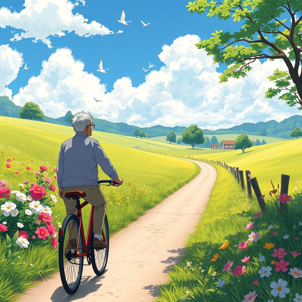 Whimsical Elderly Couple Pedals Through Vibrant Countryside