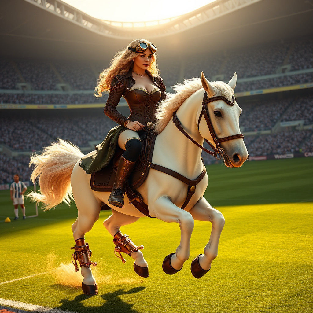 Steampunk Woman Rides Horse in Stadium