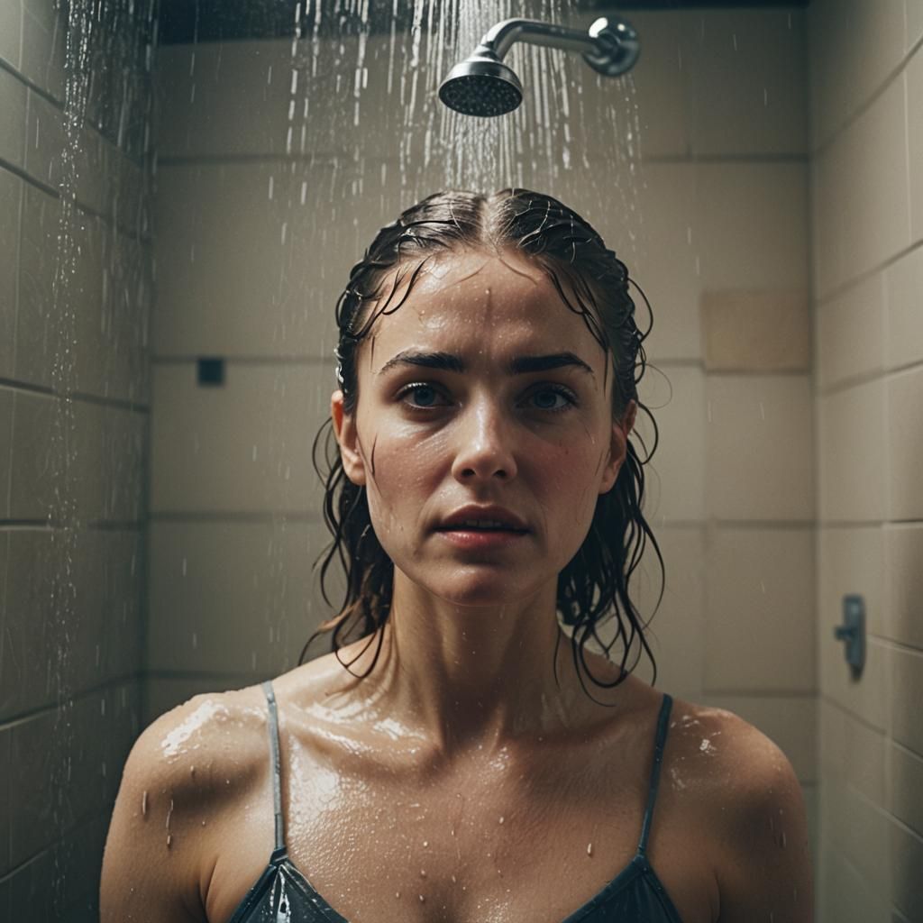 Dramatic Girl in Shower: Cinematic Film Still