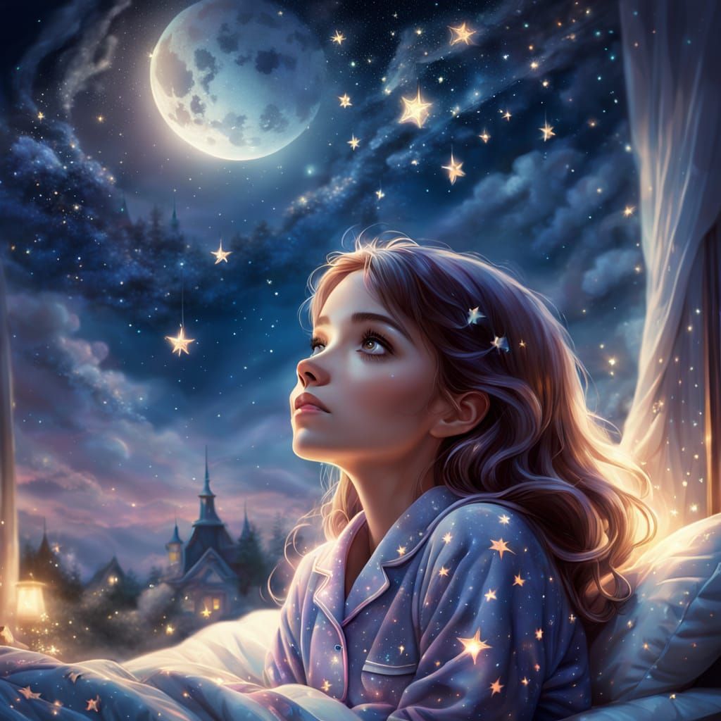Young Girl in Whimsical Night Sky