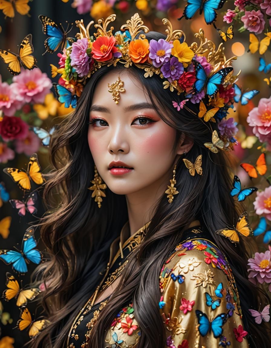 Ethereal Korean Woman with Floral Crown, Hyperrealistic Phot...
