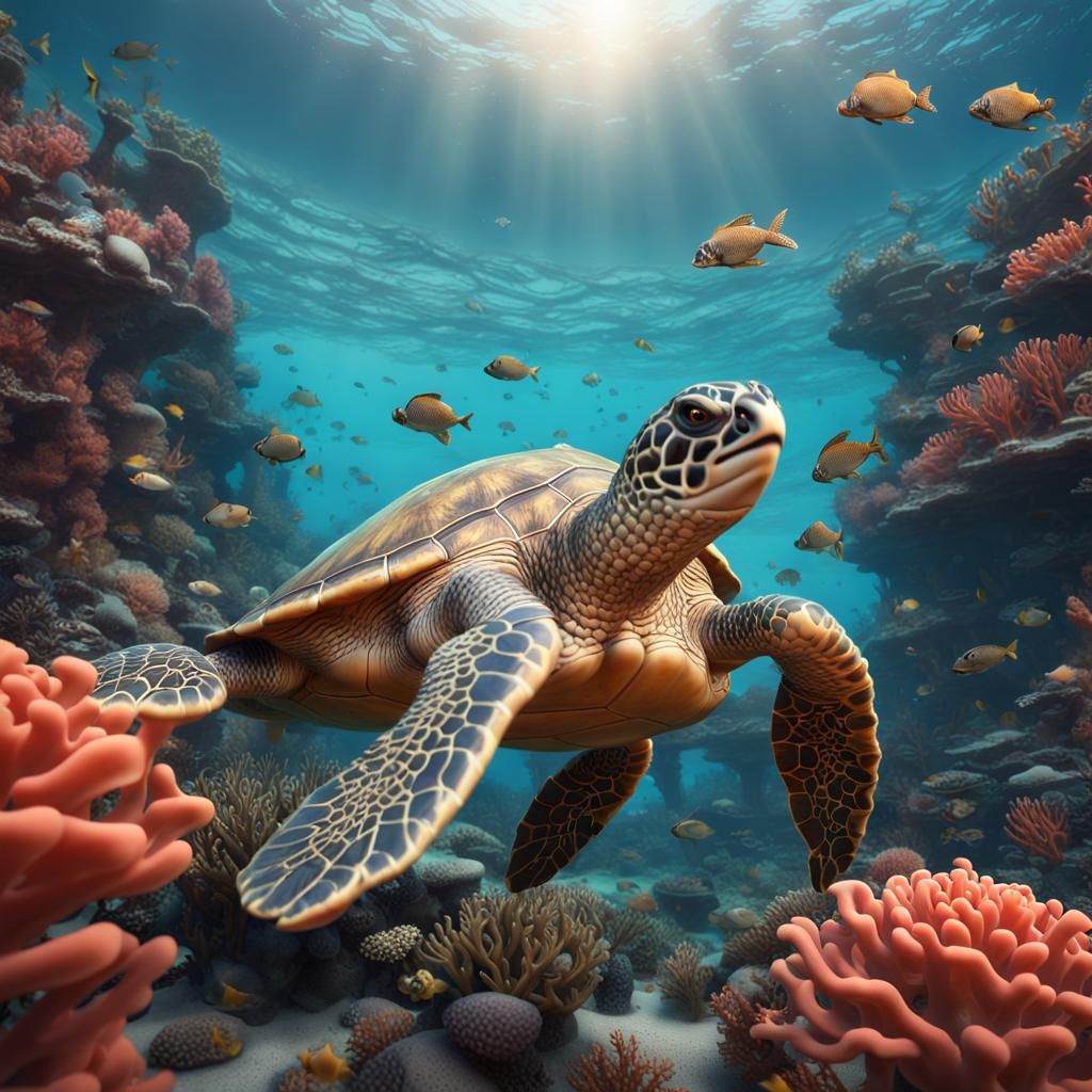 Sea Turtle Swimming in Coral Reef: Fantasy Art