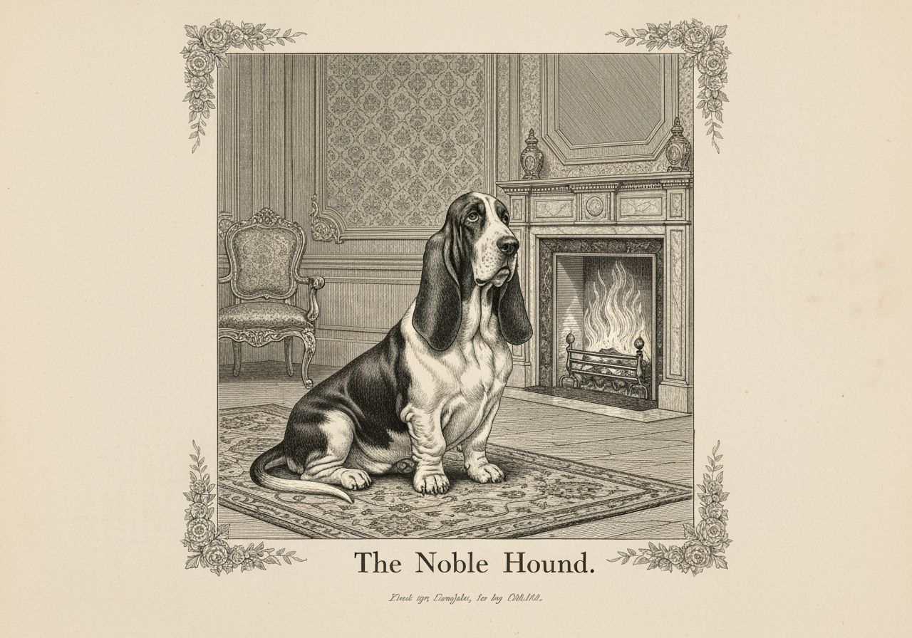 Basset Hound in 19th Century Engraving Style