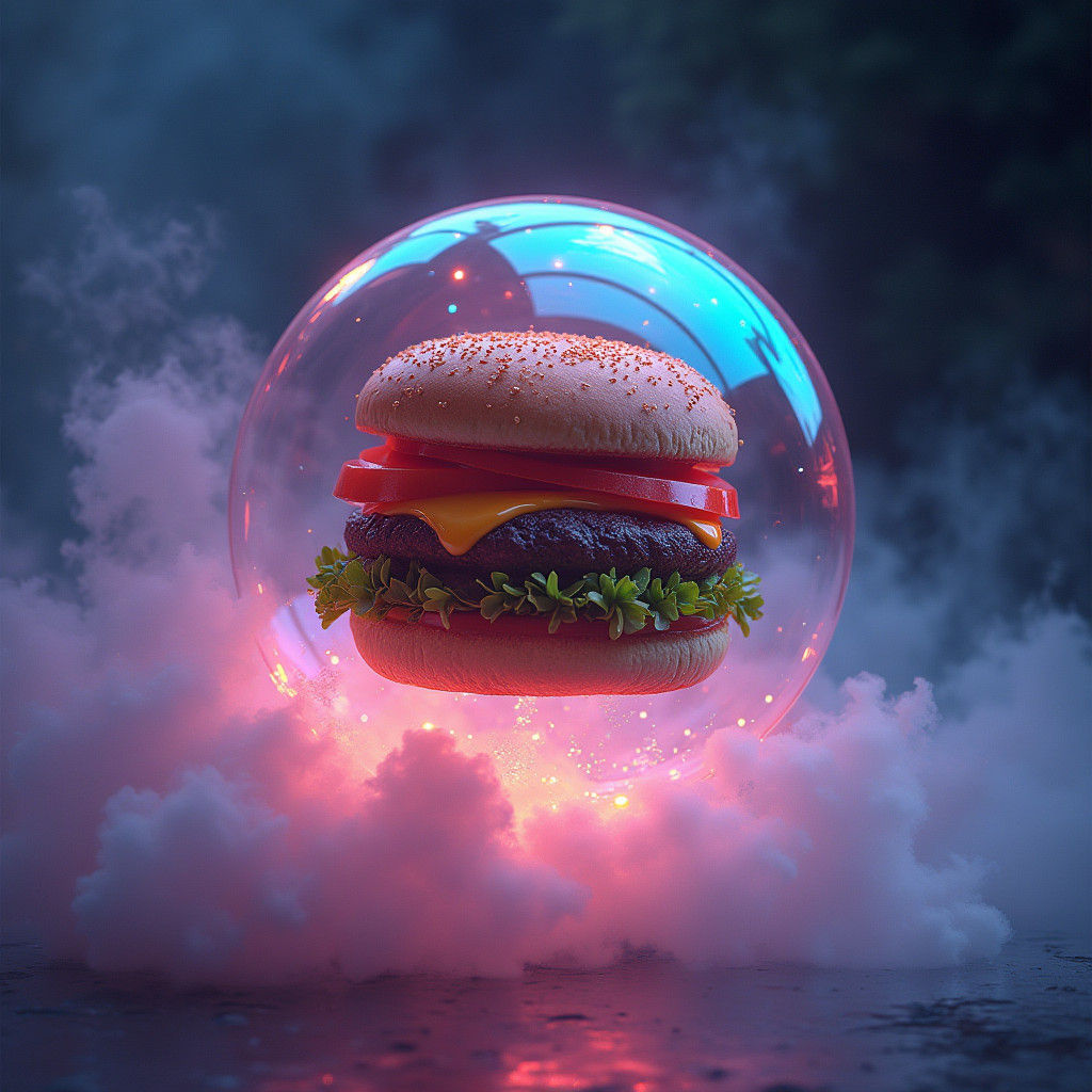 Burger in Iridescent Bubble: Digital Matte Painting
