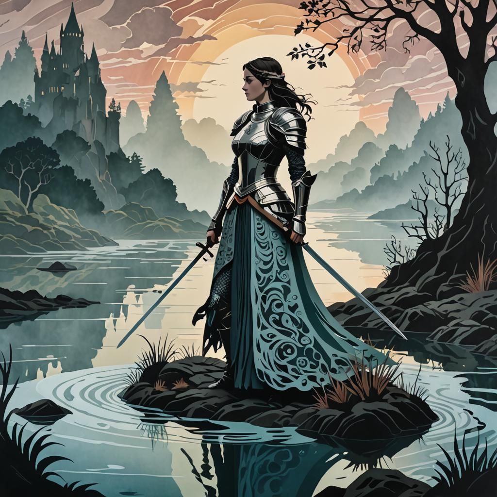 Woman Knight at Turbulent Lake in Papercut Style