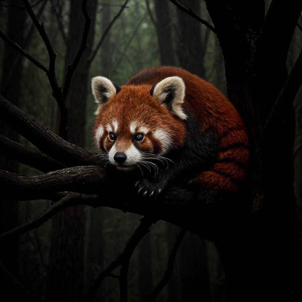 Burtonesque Zentangle Red Panda in Dark Fantasy Forest