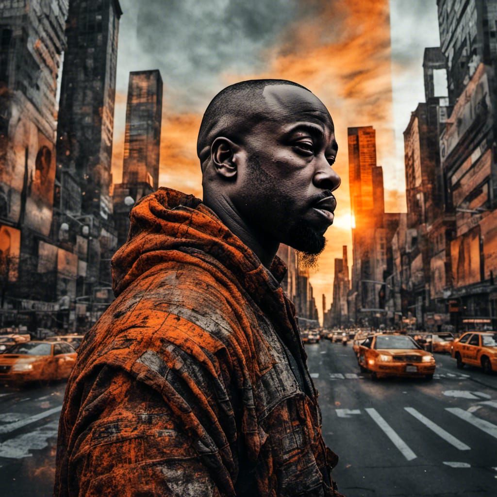 NYC Sunset Street Scene in Double Exposure Style