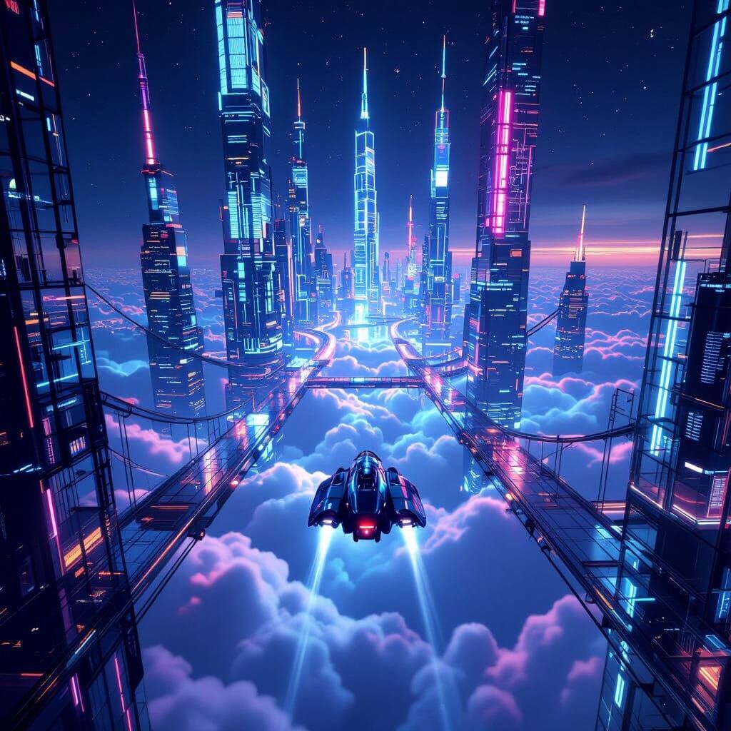 Futuristic City Above Clouds at Night in Cinematic Style