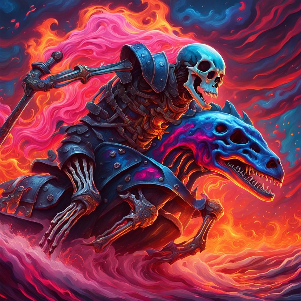 Skeleton Rides Dolphin Across Lava Ocean as Oil Painting