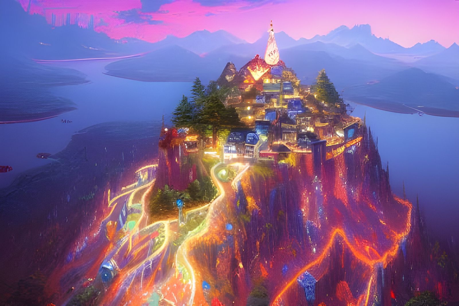 Mountain Village at the Lake, Digital Illustration