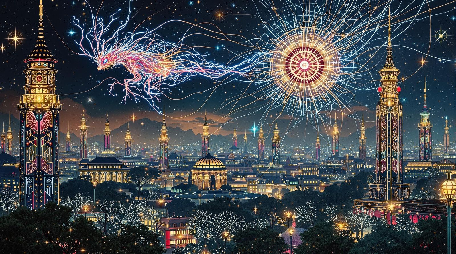 Gustav Klimt-Inspired Cosmic Creature Over City of Golden To...