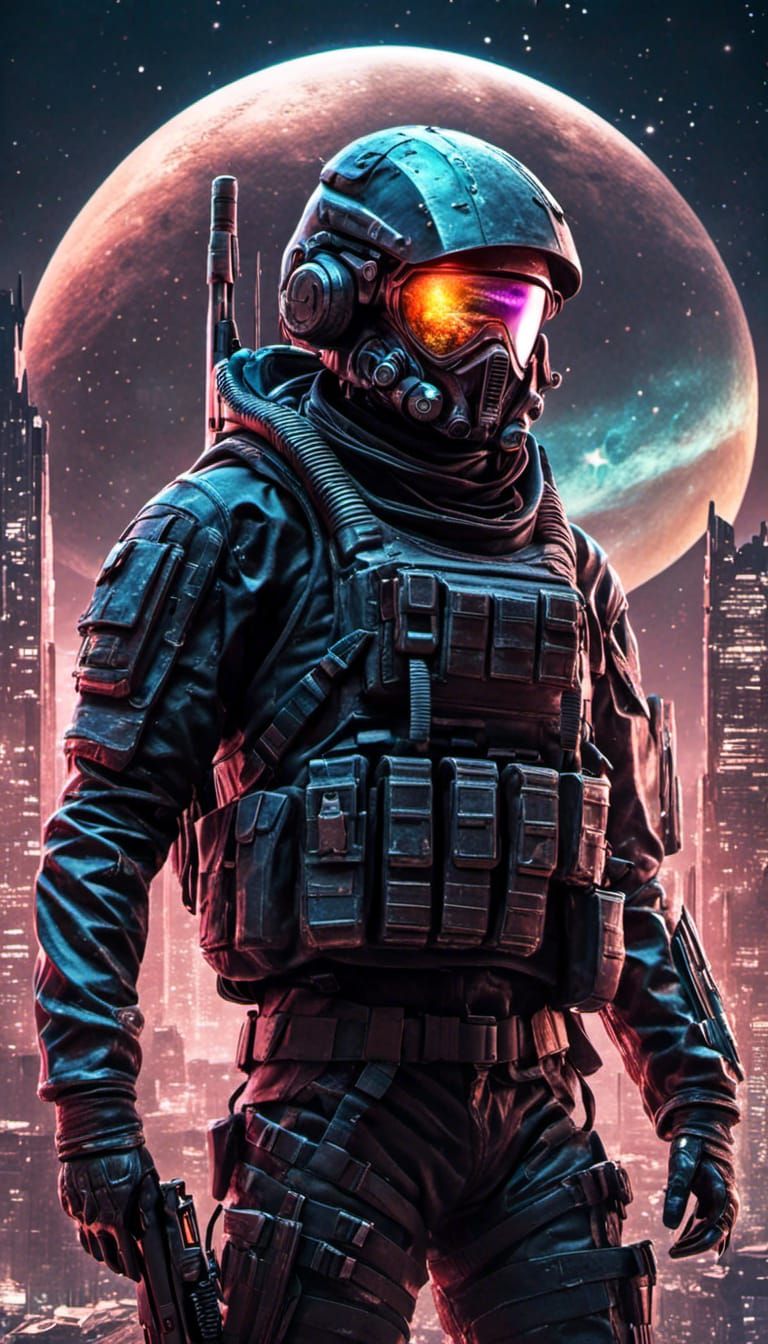 lonely soldier after a battle :: futuristic commando outfit, masked face , full body image, black gloves, hood :: dystop...