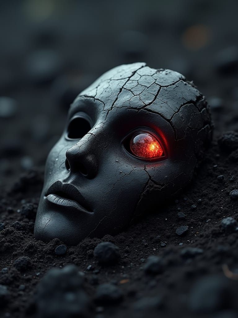 Ancient Mask Revealed in Volcanic Sand, Illuminated by Ether...