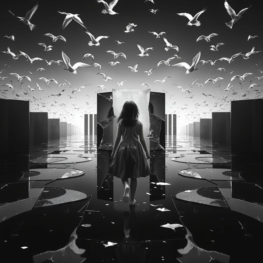 Fragile Girl on Mirror Ocean, Surreal Dreamscape