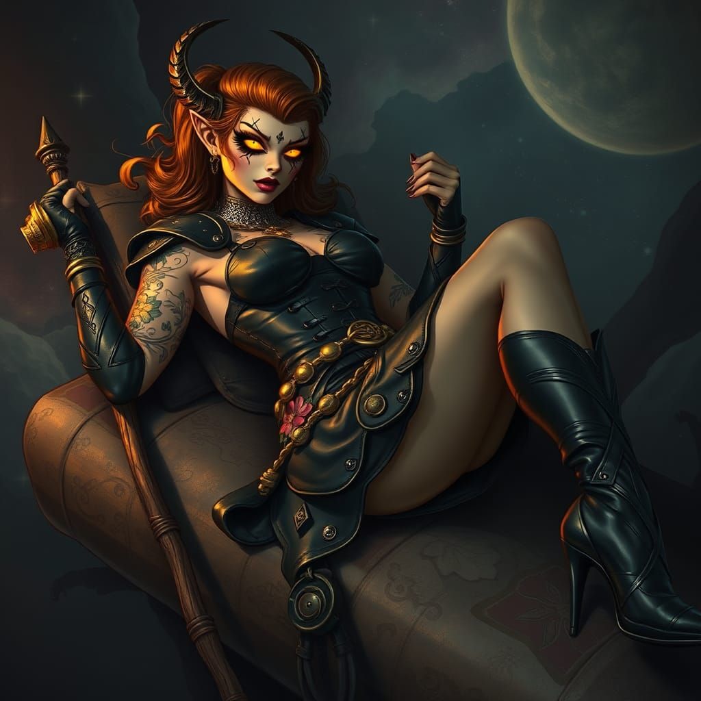 Sinister Woman in Leather Armor with Cosmic Background