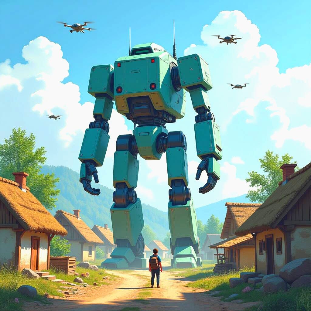 Futuristic Robot in Rural Village Scene