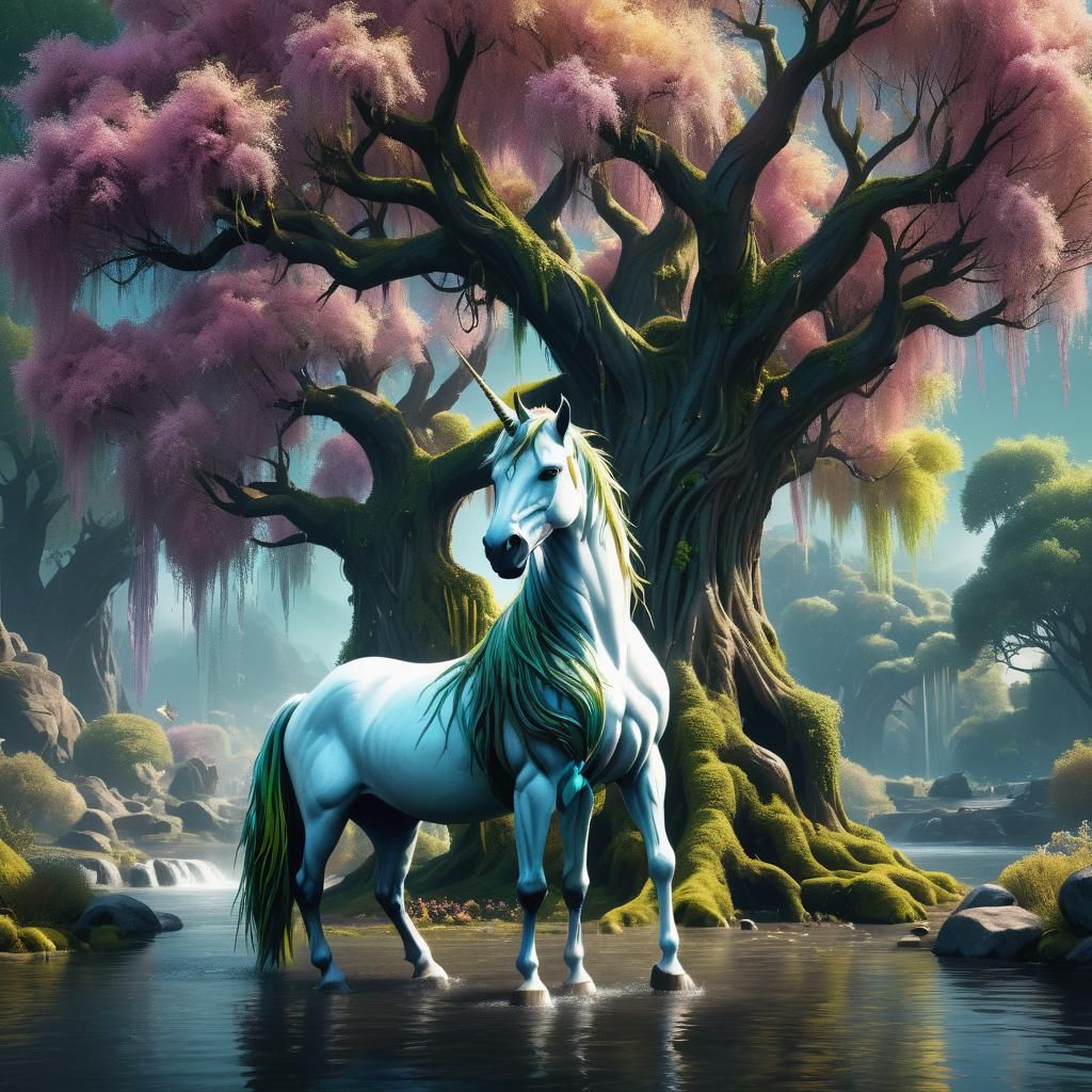 Unicorns in Fantastical Willow Tree Landscape