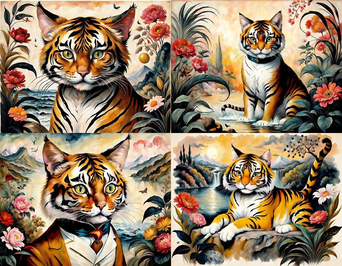 Lush Romantic Tiger Cat in Whimsical Landscapes