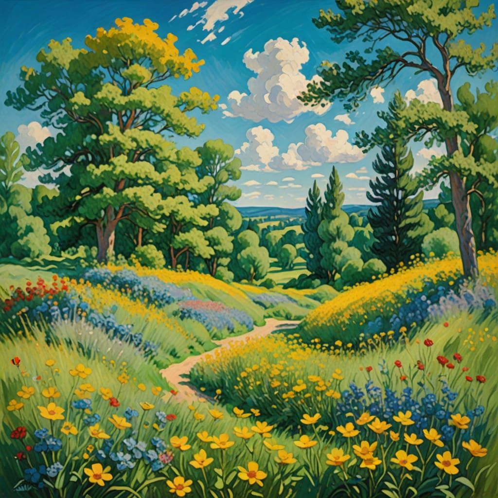 Sunny Impressionist Landscape with Vibrant Colors