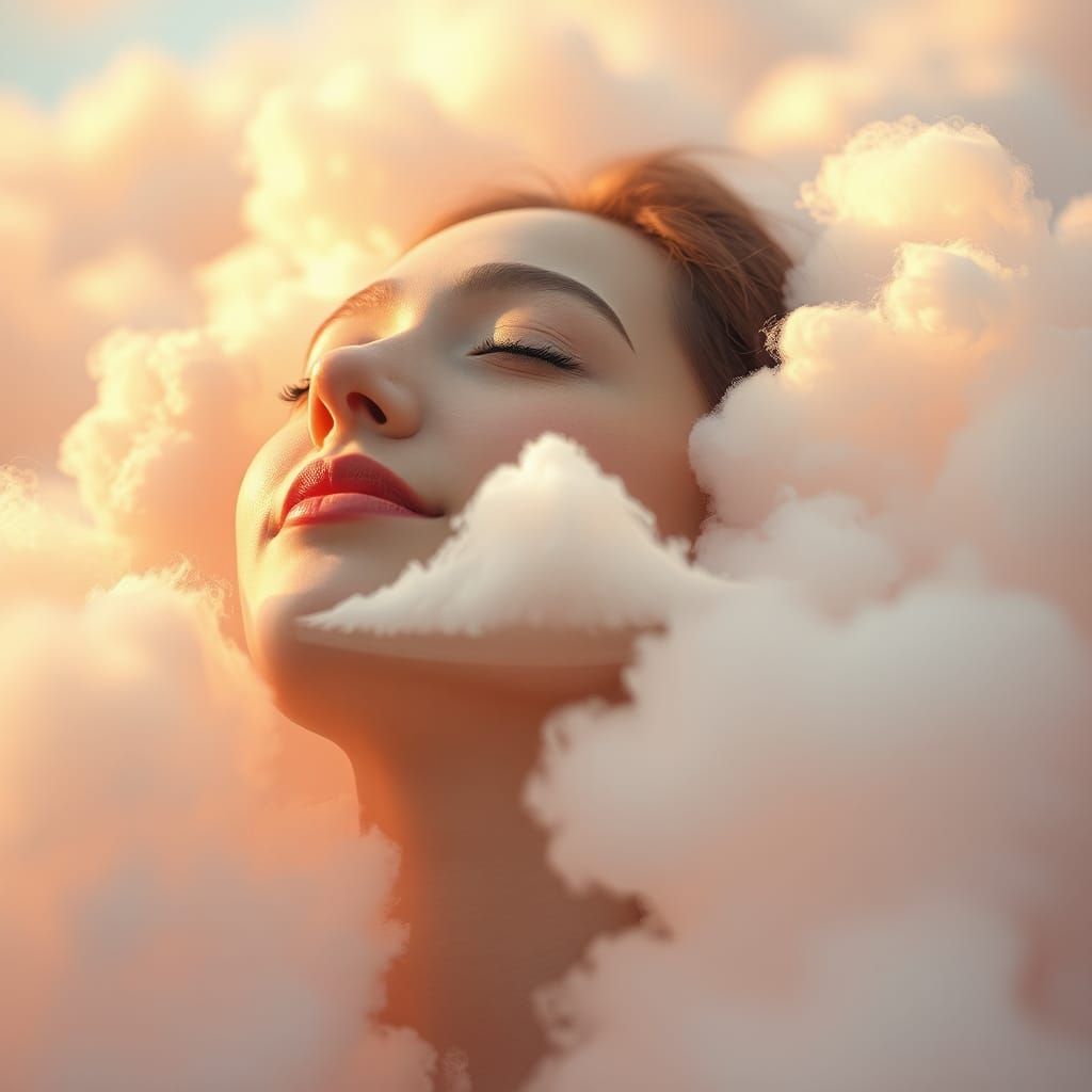 Dreamy Woman Amidst Pastel Cloudscape in Hyperrealism