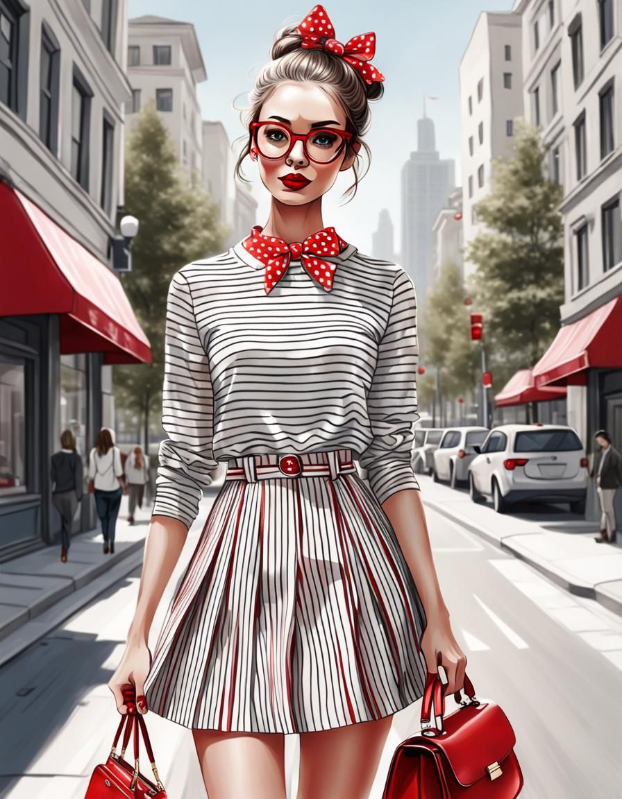 Stylish Girl Sketch Illustration in Red, White, and Black
