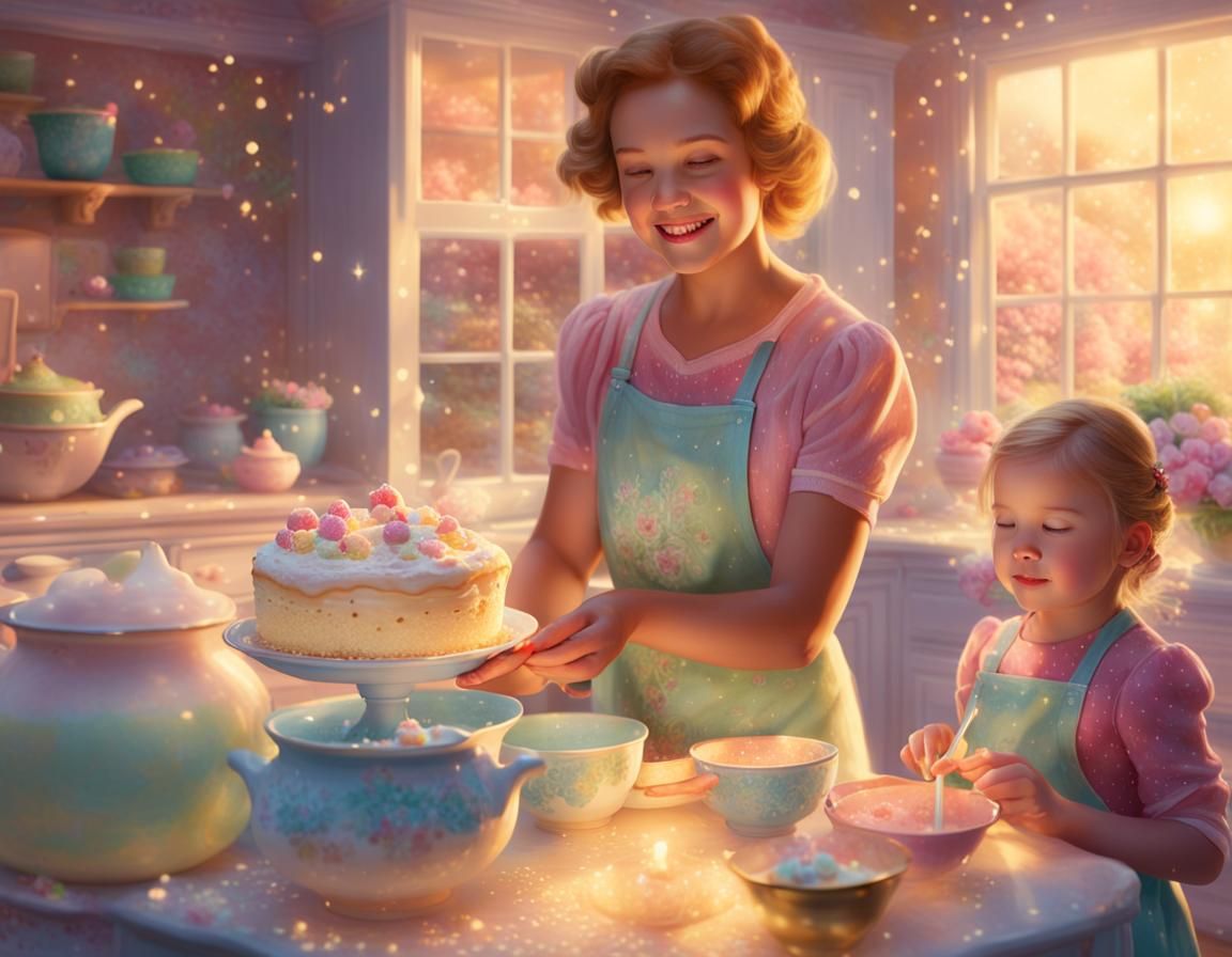 Cozy Kitchen Scene: Grandma and Girl Baking
