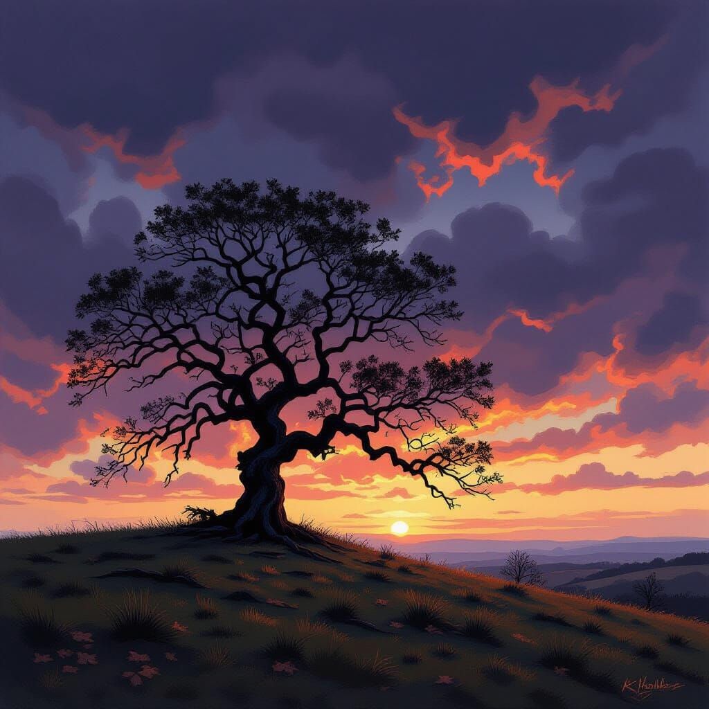 Ancient Oak Tree in Stormy Twilight, Charcoal Sketch Style