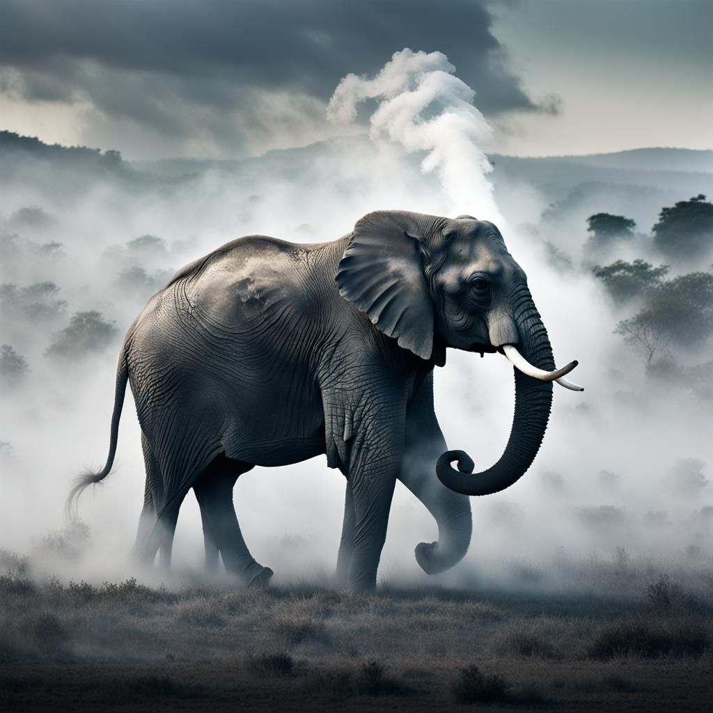 Ethereal Elephant Emerges from Misty Landscape