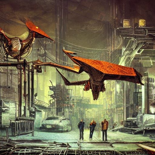 Giant Pteranodon Skull Amidst Cyberpunk Decay