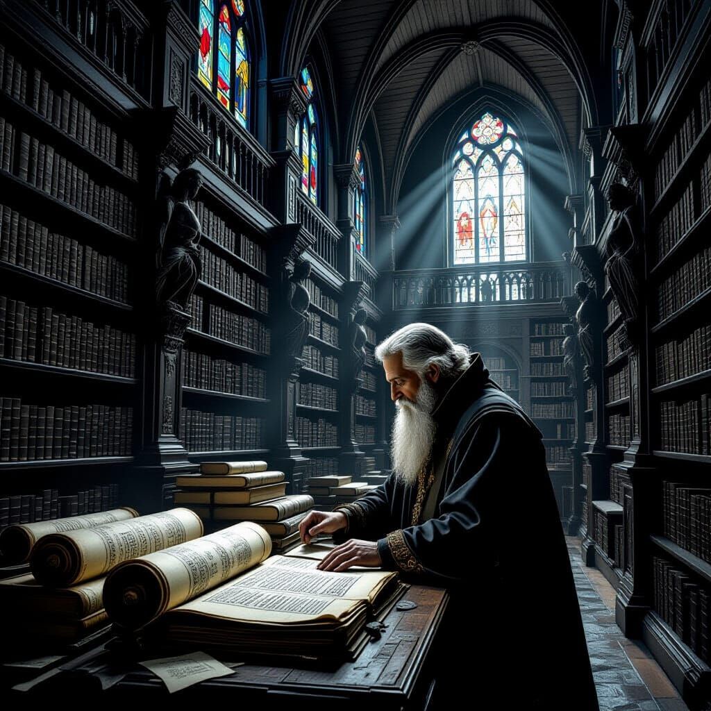 Ancient Library Keeper Organizing Scrolls in Infinite Hallwa...