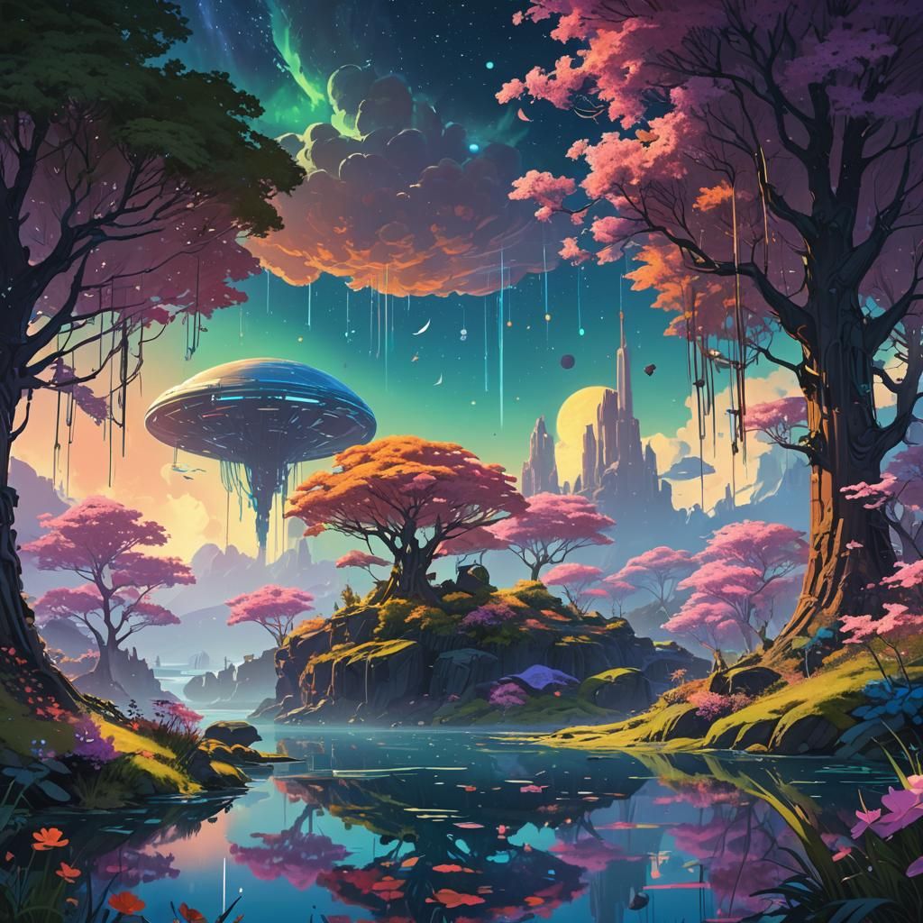 Floating Enchanted Gardens in Starry Sky