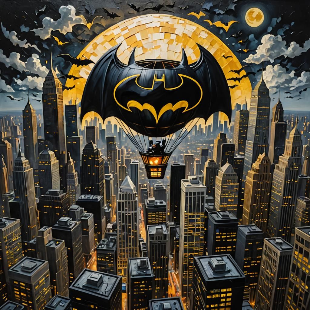 Batman Hot Air Balloon Bat-Signal Cityscape in Mixed Media