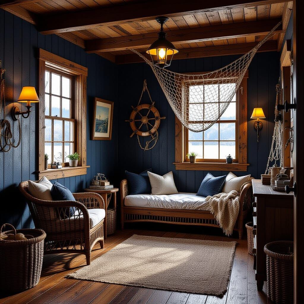 Cozy Nautical Room with Rustic Decor and Warm Lighting
